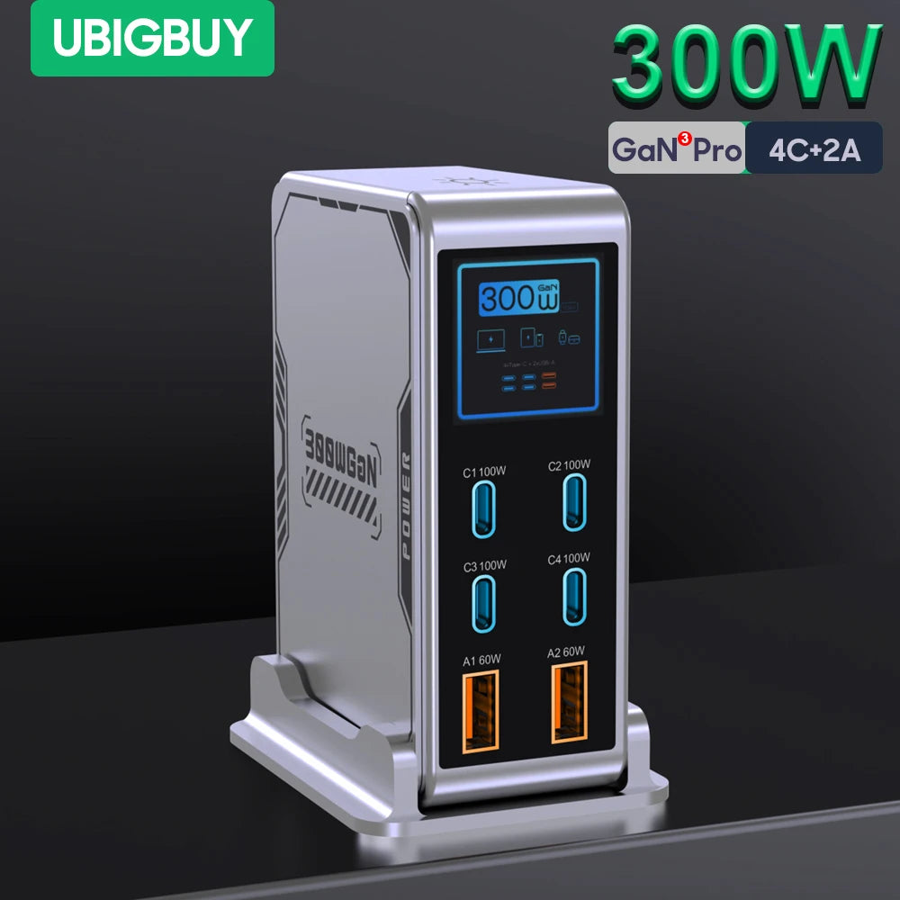 ⚡ Ubigbuy PowerStation 300W — Estação de Carregamento GaN Inteligente com 6 Portas e Display Digital