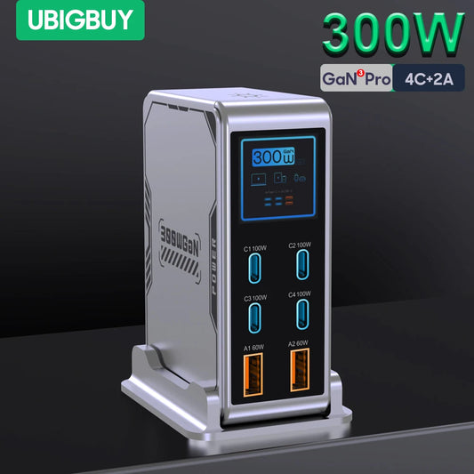 ⚡ Ubigbuy PowerStation 300W — Estação de Carregamento GaN Inteligente com 6 Portas e Display Digital