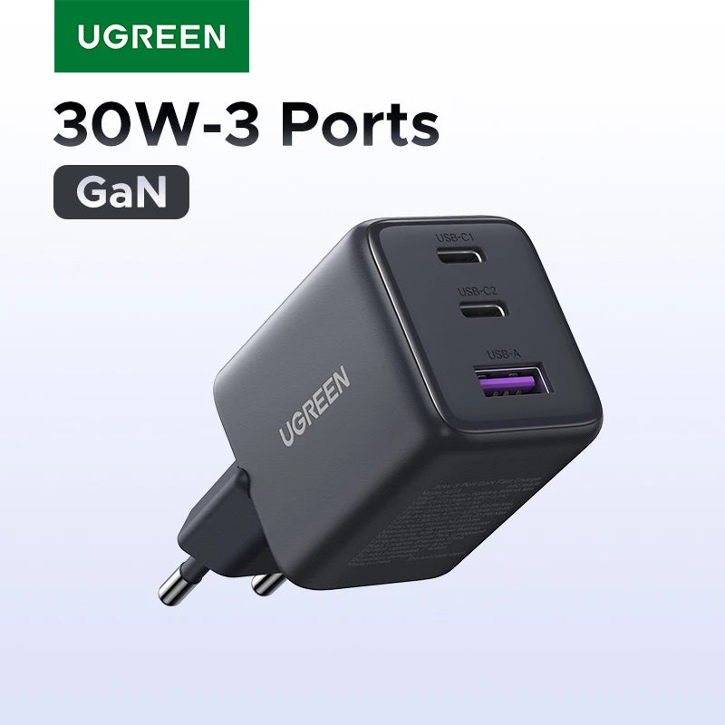 ⚡ UGREEN 30W GaN Charger 3 Ports PD 3.0 USB C Charger — Carregamento Inteligente, Potente e Compacto