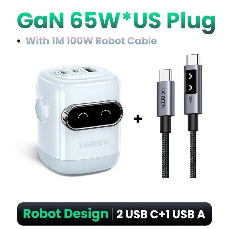 🤖⚡ UGREEN “ROBOCHARGE” 65W GaN PD3.0 — O Carregador Inteligente com Força de Robô!