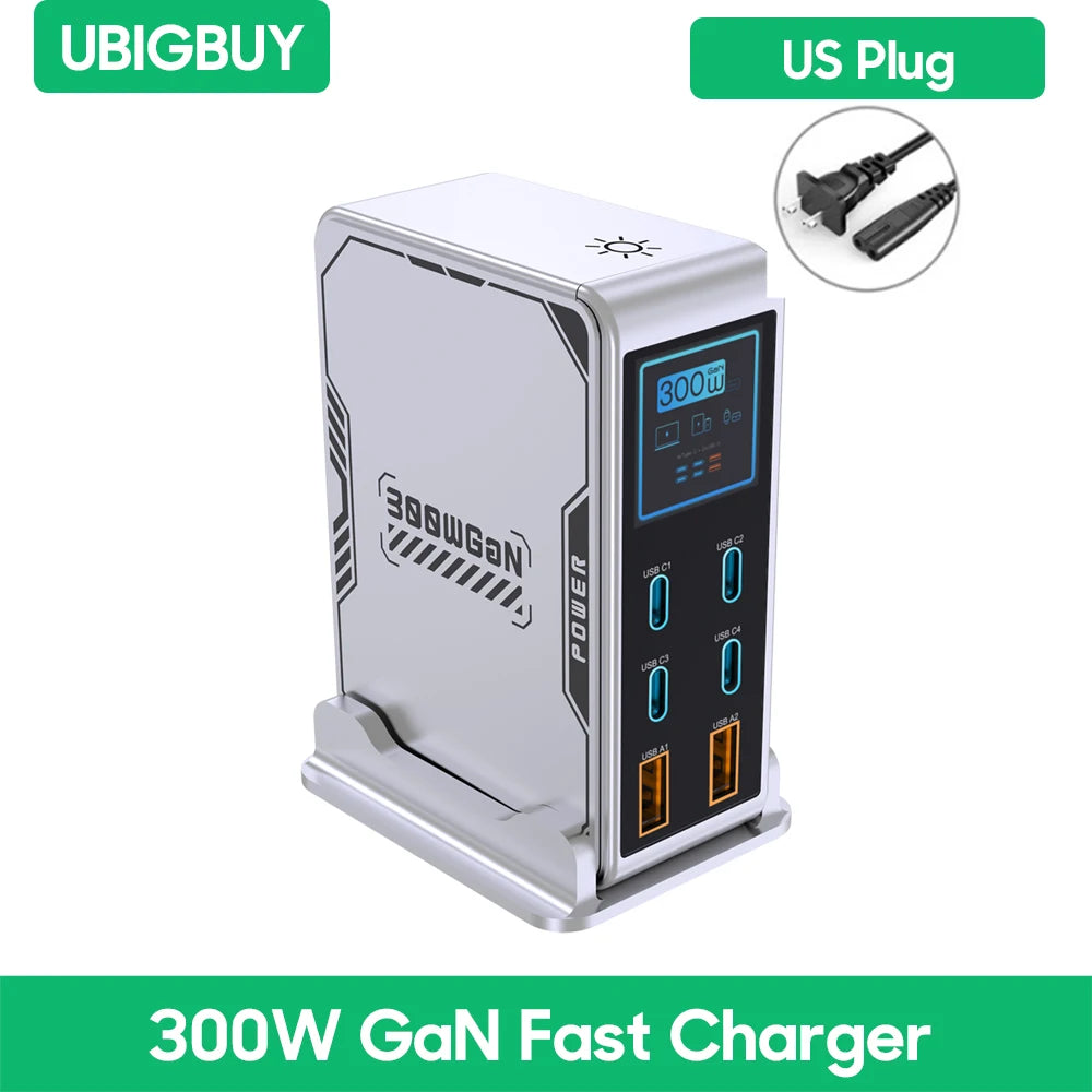 ⚡ Ubigbuy PowerStation 300W — Estação de Carregamento GaN Inteligente com 6 Portas e Display Digital