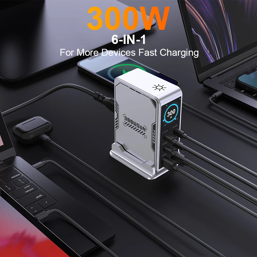 ⚡ Ubigbuy PowerStation 300W — Estação de Carregamento GaN Inteligente com 6 Portas e Display Digital