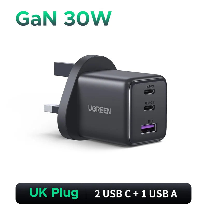 ⚡ UGREEN 30W GaN Charger 3 Ports PD 3.0 USB C Charger — Carregamento Inteligente, Potente e Compacto