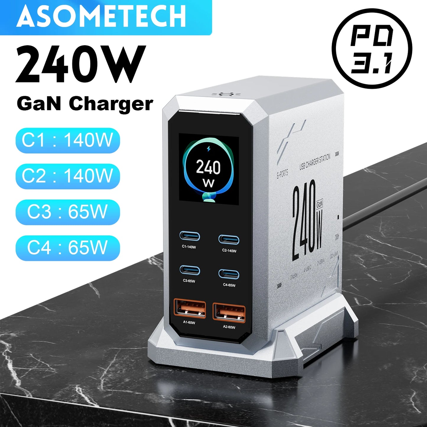 ⚡ Baseus 240W GaN Charger PD3.1 — Estação de Carregamento Rápido 6 Portas Tipo C / USB