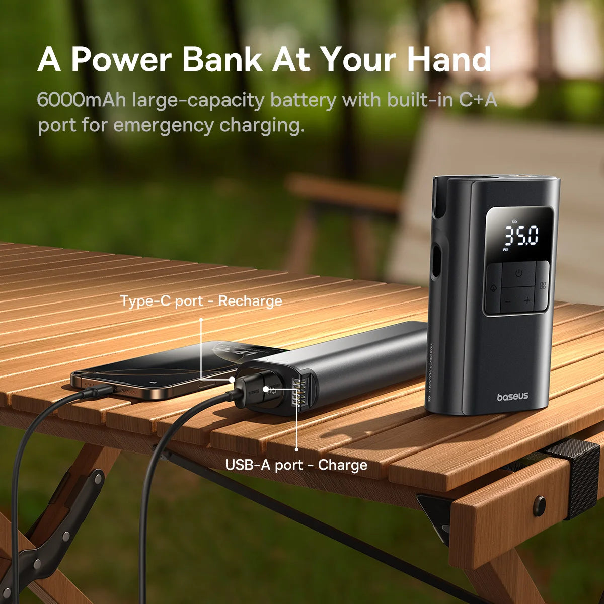 🚗 Baseus 2 em 1 Bomba de Ar para Carro — Compressor de Ar Portátil com Lanterna Destacável e Power Bank 6000mAh