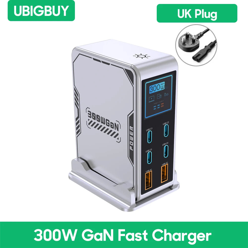 ⚡ Ubigbuy PowerStation 300W — Estação de Carregamento GaN Inteligente com 6 Portas e Display Digital